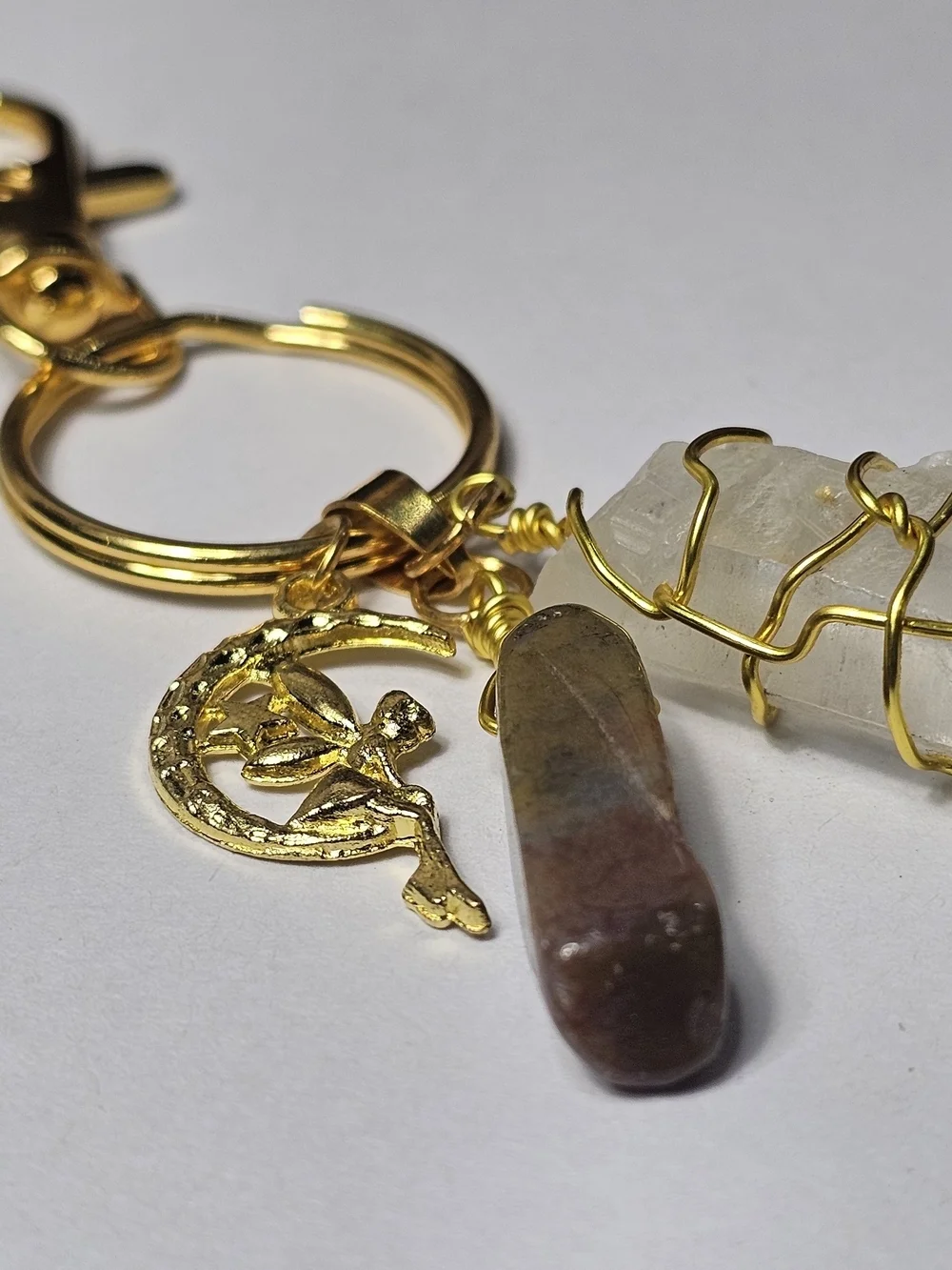 Gold-Tone Crystal Charm Keychain with Moon Pendant - Clear & Brown Crystals